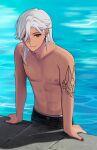  1boy arm_tattoo black_pants closed_mouth cyno_(genshin_impact) dark-skinned_male dark_skin dherekim earrings genshin_impact grey_hair hair_between_eyes hair_over_one_eye highres jewelry long_hair male_focus male_underwear multicolored_hair navel nipples pants pool red_eyes solo stomach tattoo topless_male underwear water white_hair white_male_underwear 