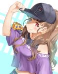  1girl baseball_cap black_headwear blunt_bangs blush breasts brown_hair clothing_cutout crossover hand_on_headwear hat idolmaster idolmaster_cinderella_girls joltik kamiya_nao long_hair looking_at_viewer medium_breasts midriff navel pokemon pokemon_(creature) ponytail purple_shirt red_eyes shio_kouji_(shiokojii) shirt shoulder_cutout smile solo upper_body very_long_hair 