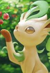  absurdres berry blurry blurry_background brown_eyes closed_mouth commentary_request day from_side highres leaf leafeon leg_up looking_up no_humans outdoors pokemon pokemon_(creature) rend solo 