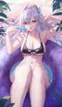  1girl bare_arms bare_shoulders bikini black_bikini breasts feet_out_of_frame food genshin_impact grey_hair hair_ornament highres holding holding_food holding_popsicle i_ruru innertube large_breasts long_hair looking_at_viewer navel popsicle purple_eyes skirk_(genshin_impact) solo stomach swimsuit tongue very_long_hair 