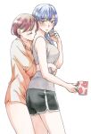  2girls akiyama_haru ass black_shorts blue_hair breasts brown_hair cellphone commentary_request cup dolphin_shorts green_eyes grey_tank_top highres holding holding_cup holding_phone hug hug_from_behind kissing_shoulder large_breasts long_hair looking_at_viewer multiple_girls orange_shirt original phone shirt short_hair shorts sleeves_rolled_up smartphone sweatdrop tank_top yuri 