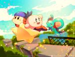  ^_^ arm_up bandana bandana_waddle_dee blue_bandana blue_eyes blue_sky blush_stickers brown_eyes cityscape closed_eyes cloud colored_skin day elfilin fence flying forest kirby kirby_(series) kirby_and_the_forgotten_land lake large_ears looking_ahead looking_at_another moss nature no_humans no_mouth open_mouth orange_skin outdoors pink_skin reaching red_footwear shirushiki shoes sky smile star_(symbol) warp_star 