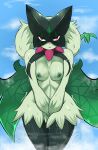  absurd_res anthro breasts cape clothing cloud dripping_wet facial_markings female front_view fur generation_9_pokemon green_body green_fur green_nipples head_markings hi_res markings mask mask_(marking) medium_breasts meowscarada multicolored_body nintendo nipples pokemon pokemon_(species) solo zerrymon 