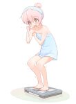  1girl :o after_bathing ahoge bare_arms bare_legs bare_shoulders barefoot bathroom_scale blush brown_eyes clenched_hands commentary dot_nose full_body hair_between_eyes hair_up highres kyarahiba naked_towel onii-chan_wa_oshimai! oyama_mahiro pink_hair simple_background solo towel trembling wavy_mouth weighing_scale white_background 