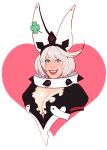  1girl animal_ears blue_eyes breasts cleavage cleavage_cutout clothing_cutout clover collar elphelt_valentine four-leaf_clover guilty_gear guilty_gear_xrd hairband highres large_breasts looking_at_viewer open_mouth short_hair smile spiked_collar spiked_hairband spikes steve_cruz_meza white_hair 