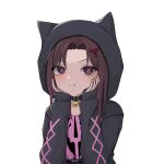  1girl bell belt belt_choker black_jacket breasts brown_hair choker commission commissioner_upload digital_hazard dusk_(wayanfa) emblem grey_eyes hair_ornament hands_on_own_chin highres hood hood_up hoodie jacket long_hair long_sleeves looking_at_viewer neck_bell non-web_source original pawtaa pink_shirt pout puffy_cheeks shirt sigil small_breasts upper_body white_background 
