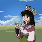  2013 2_tails aliasing ambiguous_gender asian_mythology bangs black_hair black_markings blue_sky bluekyokitty bodily_fluids carrying cel_shading clothed clothing cloud day detailed_background digital_drawing_(artwork) digital_media_(artwork) duo east_asian_mythology felid female feral fully_clothed fur grass hair human humanoid_hands inuyasha japanese_mythology kirara_(inuyasha) low_res mammal markings mountain multi_tail mythology nekomata on_head open_mouth outside plant pupils red_eyes sango_(inuyasha) sebdoggo shaded sky slit_pupils sweat sweatdrop tail tan_body tan_fur yokai 