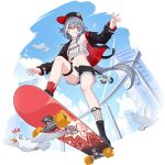  1girl animal animal_keychain bird black_footwear black_jacket black_shorts black_sleeves blue_sky breasts building cloud day english_text eyeliner fishnets fu_hua fu_hua_(herrscher_of_sentience) grey_hair hair_between_eyes hat honkai_(series) honkai_impact_3rd jacket jingwei_(bird) long_hair makeup multicolored_hair navel official_art open_hands outdoors red_eyeliner red_eyes shorts skateboard skateboarding sky small_breasts solo streaked_hair third-party_source transparent_background white_hair yellow_eyes 