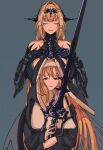  2girls absurdres bianca:_stigmata_(punishing:_gray_raven) bianca_(punishing:_gray_raven) black_dress blonde_hair blue_background center-flap_bangs chinese_commentary coif commentary crown dress dual_persona eyeliner greatsword habit hair_intakes halterneck headgear highres holding holding_sword holding_weapon huge_weapon long_hair long_sleeves makeup mechanical_arms mole mole_under_eye multiple_girls nun punishing:_gray_raven purple_eyeliner purple_eyes smile sword traditional_nun upper_body very_long_hair wanlai_bu_shiman weapon 