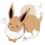  animal_focus closed_eyes commentary_request eevee fang from_above happy hideko_(l33l3b) highres no_humans open_mouth pokemon pokemon_(creature) signature simple_background smile solo speech_bubble tail tail_wagging translated twitter_username white_background white_fur 