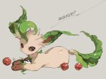  animal_focus apple brown_eyes dated expressionless food fruit grey_background hideko_(l33l3b) highres leaf leafeon looking_back lying no_humans on_stomach poke_ball pokemon pokemon_(creature) simple_background solo 