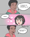  1boy 1girl afro black_hair blush brown_eyes commentary dark-skinned_male dark_skin hair_ornament heart highres hood hoodie marvel medium_hair miles_morales open_mouth peni_parker signature smile spanish_commentary spider-man:_across_the_spider-verse spider-man_(series) spider-verse star_(symbol) star_in_eye symbol_in_eye thecooleralexico translated x_hair_ornament 