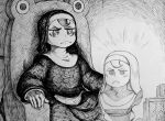 1girl :&lt; absurdres bust_(sculpture) chair chronozbergh commentary crosshatching english_commentary froggy_nun_(diva) frown furrowed_brow glowing graphite_(medium) greyscale habit hatching_(texture) highres little_nuns_(diva) monochrome nun robe sitting solo traditional_media 