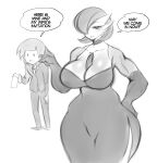  absurd_res big_breasts biped breasts clothed clothing dialogue duo female gardevoir generation_3_pokemon hair hi_res human humanoid larger_female male mammal nintendo not_furry pokemon pokemon_(species) saltyxodium size_difference smaller_human speech_bubble text thick_thighs 