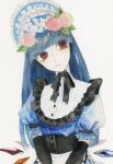  1girl adapted_costume blue_hair blunt_bangs bonnet collar corset crystal elbow_gloves expressionless food frilled_collar frills fruit gloves head_tilt highres hinanawi_tenshi kz_m_i long_hair looking_to_the_side painting_(medium) peach red_eyes short_sleeves solo touhou traditional_media watercolor_(medium) 