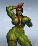  2023 abs absurd_res biceps big_breasts black_sclera bodily_fluids bodypaint braided_hair breasts clitoris female genitals green_body green_skin hair hi_res holding_breast humanoid humanoid_pointy_ears justsomenoob muscular muscular_female nipple_piercing nipples not_furry orange_hair orc piercing pussy seductive solo sweat teeth tusks vein yellow_eyes 