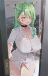  1girl antlers archinoer black_choker bottomless breasts ceres_fauna choker covered_nipples doorway earrings green_hair green_nails heart highres hololive hololive_english jewelry large_breasts long_hair looking_at_viewer mole mole_under_eye opening_door parted_lips pendant_choker shirt solo virtual_youtuber wavy_hair wet wet_clothes wet_shirt white_shirt yellow_eyes 