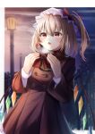  1girl blonde_hair border coat commentary flandre_scarlet jacket kisaragimikuru lamppost long_sleeves night night_sky open_mouth rainbow_wings red_eyes red_jacket red_scarf scarf shirt sky solo touhou white_border white_headwear white_shirt winter_clothes winter_coat 