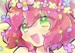  1girl blush doradorakingyo eyelashes flower hair_between_eyes harpy_(puyopuyo) head_wreath looking_at_viewer open_mouth pink_flower pink_hair portrait purple_flower puyopuyo short_hair solo twitter_username wings 