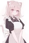  1girl alternate_costume animal_ears apron black_dress brown_hair cat_ears cat_girl cat_tail danganronpa_(series) danganronpa_2:_goodbye_despair dress enmaided flipped_hair galaga hair_ornament highres kori_ha looking_at_viewer maid maid_apron medium_hair nanami_chiaki neck_ribbon puffy_short_sleeves puffy_sleeves ribbon short_sleeves solo tail 