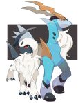  absol animal_focus antlers black_background claws cobalion commentary_request fluffy full_body hideko_(l33l3b) highres leg_up looking_to_the_side no_humans pokemon pokemon_(creature) red_eyes simple_background standing walking white_fur yellow_eyes 