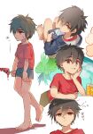  1boy big_hero_6 black_hair child commentary_request denim denim_shorts drinking_straw food frown fruit hiro_hamada ice looking_at_viewer looking_back red_shirt shirt short_hair shorts simple_background solo translation_request watermelon watermelon_slice znnnnzuuntsts 