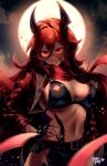  1girl artist_name black_gloves breasts chaps cleavage crop_top cropped_jacket fingerless_gloves gloves goddess_of_victory:_nikke hair_between_eyes hand_on_own_hip headgear highres horns jacket large_breasts leather leather_jacket long_hair mechanical_horns moon navel nekoponart orange_eyes red_hair red_hood_(nikke) red_jacket red_scarf scarf solo unzipped very_long_hair zipper 