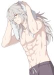  1boy abs closed_mouth grey_hair grey_pants hair_over_one_eye highres holding holding_towel honkai:_star_rail honkai_(series) jiman jing_yuan long_hair male_focus muscular muscular_male pants solo topless_male towel yellow_eyes 