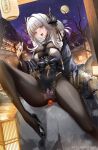  1girl blanc_(nikke) blanc_(white_rabbit)_(nikke) bodystocking bow breasts foot_out_of_frame goddess_of_victory:_nikke hair_bow hanh_chu high_heels highres japanese_clothes knee_up legs looking_at_viewer paintbrush pantyhose solo thighs tongue tongue_out tree white_hair 