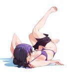  1girl barefoot bikini breasts chainsaw_man cleavage clothes_pull green_eyes hair_between_eyes hair_bun highres knees_together_feet_apart large_breasts legs looking_at_viewer pulled_by_self purple_bikini raneblu reze_(chainsaw_man) short_hair short_shorts shorts simple_background single_hair_bun soles solo swimsuit toes undressing white_background 