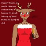 alcoholic_drink anthro blush christmas christmas_clothing clothing deer english_text female half-length_portrait holidays mammal muscular muscular_female new_world_deer portrait red_background reindeer rudolph_the_red-nosed_reindeer shy simple_background solo sparkat150 text 