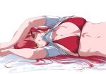  1girl absurdres arms_up bikini breasts commentary hair_spread_out heterochromia highres hololive houshou_marine large_breasts light_blush looking_at_viewer lying on_side red_bikini red_eyes red_hair shirt simple_background sketch solo sugoi_yowai swimsuit symbol-only_commentary unfinished white_background white_shirt yellow_eyes 