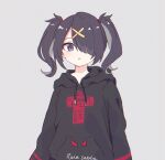 1girl ame-chan_(needy_girl_overdose) black_hair black_hoodie commentary_request cross_print drawstring grey_background hair_ornament hair_over_one_eye hair_tie highres hood hood_down hoodie kabe_(zp66104) long_hair long_sleeves looking_at_viewer needy_girl_overdose open_mouth print_hoodie purple_eyes simple_background solo twintails upper_body wing_print x_hair_ornament 