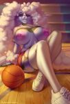  absurd_res admiralobster anthro ball basketball_(ball) big_breasts blue_body blue_fur blue_sclera bottomwear breasts clothed clothing exposed_breasts female footwear fur green_body hair hi_res huge_breasts inside legwear looking_at_viewer nipples on_ground pink_eyes pink_nipples pink_nose red_bottomwear red_clothing shoes sitting smile solo species_request teeth topwear white_hair 