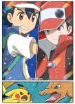  2boys ash_ketchum backpack bag black_hair blue_vest brown_eyes charizard closed_mouth coat commentary_request emphasis_lines green_bag grin hat hirako male_focus multiple_boys pikachu pokemon pokemon_(anime) pokemon_(creature) pokemon_journeys pokemon_masters_ex red_(pokemon) red_(sygna_suit)_(pokemon) red_coat red_headwear shirt short_hair short_sleeves sleeveless sleeveless_coat smile t-shirt teeth vest white_shirt 