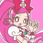  blush bow cure_blossom earrings hair_bow hanasaki_tsubomi heartcatch_precure! high_ponytail highres jewelry long_hair mayena open_mouth outline pink_background pink_bow pink_eyes pink_hair precure signature solo twitter_username upper_body very_long_hair white_outline wrist_cuffs 