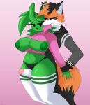  absurd_res anthro areola big_breasts biped breasts camel_toe canid canine clothed clothing eyelashes female fox foxsuo genitals green_body hi_res humanoid legwear male male/female mammal nipples panties penis pupils sex thigh_highs thigh_sex torn_clothing underwear 
