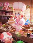  1girl absurdres blonde_hair blue_eyes blue_toad_(mario) braid cake cake_slice chef_hat dress earrings food fruit green_toad_(mario) hat highres holding holding_food indoors jewelry mario_(series) mushroom_bread official_alternate_costume open_mouth pastry_chef_peach pink_dress princess_peach princess_peach:_showtime! puffy_short_sleeves puffy_sleeves red_toad_(mario) short_sleeves sphere_earrings strawberry toad_(mario) white_headwear 