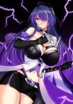  1girl absurdres acheron_(honkai:_star_rail) ahoge black_background black_choker black_gloves black_shorts breasts chain choker cleavage cless_(tamaota) coat commentary cowboy_shot elbow_gloves gloves hair_ornament highres honkai:_star_rail honkai_(series) large_breasts long_hair navel purple_eyes purple_hair short_shorts shorts single_bare_shoulder solo standing stomach thighs very_long_hair white_coat 
