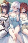  3girls ange_katrina ange_katrina_(4th_costume) animal_ears artist_name bare_shoulders bed_sheet blue_eyes blue_hair blue_pajamas blunt_bangs blush bow breasts brown_pants button_gap camisole cleavage collarbone colored_inner_hair dog_ears dolphin_shorts feet_out_of_frame flat_chest frilled_pajamas group_name hair_intakes hair_ornament hairclip highres inui_toko inui_toko_(6th_costume) kuro-kun_(nablack) large_breasts lize_helesta looking_at_another looking_at_viewer lying medium_breasts multicolored_hair multiple_girls nijisanji on_back one_eye_closed pajamas pants parted_bangs parted_lips purple_eyes red_hair sanbaka_(nijisanji) short_hair shorts sidelocks smile swept_bangs thighs virtual_youtuber white_bow white_hair white_pajamas white_pants yellow_eyes 