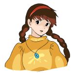  1girl black_eyes bluetooth braid brown_hair headband jewelry kui_ryouko necklace pendant red_headband sheeta shirt studio_ghibli tenkuu_no_shiro_laputa twin_braids upper_body white_background yellow_shirt 