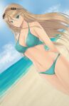  1girl absurdres beach bikini blonde_hair blue_bikini blue_eyes braid breasts crown_braid eiyuu_densetsu elaine_auclair hair_between_eyes highres kuro_no_kiseki large_breasts long_hair navel notejhay ocean outdoors parted_bangs solo swimsuit 