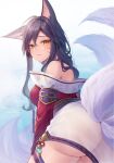  1girl ahri_(league_of_legends) animal_ears ass bare_shoulders black_hair blush closed_mouth commentary cowboy_shot facial_mark fox_ears fox_girl fox_tail from_behind from_side hair_between_eyes highres lake league_of_legends long_hair looking_at_viewer looking_back momoirone multiple_tails outdoors see-through solo standing tail water water_drop wet wet_clothes wet_hair whisker_markings yellow_eyes 
