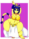  animal_crossing ankha_(animal_crossing) anthro barefoot belly_dancer big_breasts black_eyes black_nose blue_ears blue_eyeshadow blue_hair blue_tail breasts cleavage clothed clothing denizen1414 domestic_cat eyeshadow feet felid feline felis female frown fur hair hands_behind_head hi_res huge_hips long_tail looking_at_viewer makeup mammal markings mouth_closed nintendo pose solo striped_markings striped_tail stripes tail tail_markings two_tone_tail unimpressed wide_hips yellow_body yellow_fur yellow_inner_ear yellow_tail 