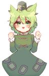 1girl :d ahoge animal_ears black_headwear commentary_request cross-laced_clothes dress green_dress green_eyes green_hair hat long_sleeves looking_at_viewer looking_back open_mouth short_hair simple_background smile soga_no_tojiko solo takana_(forsterite) tate_eboshi touhou variant_set white_background 