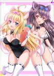  2girls :d ahoge animal_ear_fluff animal_ears bare_shoulders black_bow black_leotard blonde_hair blue_bow blush bow breasts brown_eyes cleavage commentary_request detached_collar grey_eyes hair_between_eyes hair_bow highres leotard long_hair looking_at_viewer medium_breasts multiple_girls no_shoes original pink_bow playboy_bunny ribbon-trimmed_legwear ribbon_trim smile thighhighs usaginezumi very_long_hair white_background white_leotard white_thighhighs wing_collar 