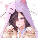 1girl absurdres animal_ear_headwear animal_hood black_hair blush cardigan cat_hood collared_shirt furrowed_brow hair_over_one_eye heaven_burns_red highres hood long_sleeves looking_at_viewer medium_hair one_eye_covered open_mouth paw_pose paw_print paw_print_background purple_eyes school_uniform shirt signature solo speech_bubble tenne_miko translation_request tsumugi-t upper_body white_background white_shirt yellow_cardigan 