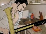  1boy black_hair collar cross cross_necklace cutting dracule_mihawk facial_hair food frilled_collar frilled_shirt frills goatee holding holding_sword holding_weapon jewelry kitchen looking_at_object male_focus mj_(mj_6nol) muscular muscular_male necklace one_piece open_clothes photo_background sausage serious shirt short_hair sideburns sword table weapon white_shirt yellow_eyes yoru_(sword) 