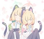  2girls animal_ear_headphones animal_ears black_thighhighs blue_archive blue_shirt bow cat_tail collared_shirt fake_animal_ears green_bow green_halo hair_bow halo handheld_game_console headphones highres holding holding_handheld_game_console long_sleeves midori_(blue_archive) momoi_(blue_archive) multiple_girls pink_halo rizuaki shirt short_hair siblings sisters sleeping tail thighhighs twins white_shirt zzz 