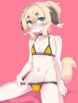  1boy animal_ears bar_censor bikini black_choker blonde_hair blue_eyes blush censored choker collarbone commentary crossdressing dog_boy dog_ears dog_tail erection fang heart highres looking_at_viewer male_focus original otoko_no_ko penis penis_out pink_background ponytail simple_background sitting skin_fang smile solo sweat swimsuit symbol-only_commentary tail toransam299 wariza yellow_bikini 